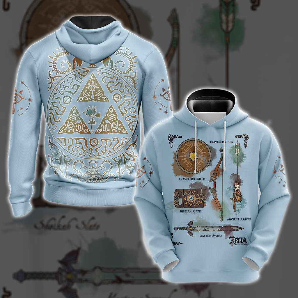 The Legend of Zelda Breath of The Wild Link Inventory Graphic All Over Print T-shirt Zip Hoodie Pullover Hoodie Blue Hoodie