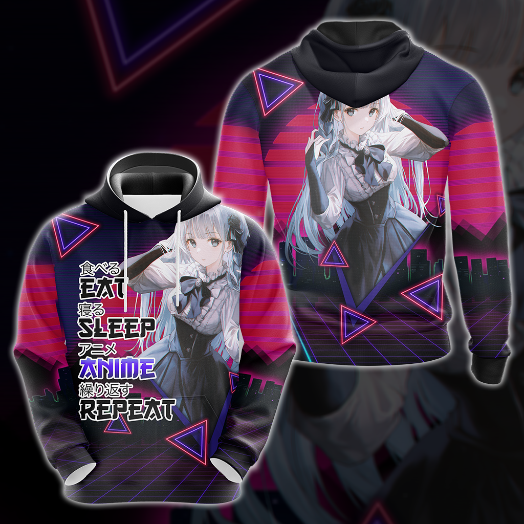 Eat Sleep Anime Repeat Anime Girl All Over Print T-shirt Tank Top Zip Hoodie Pullover Hoodie Hoodie