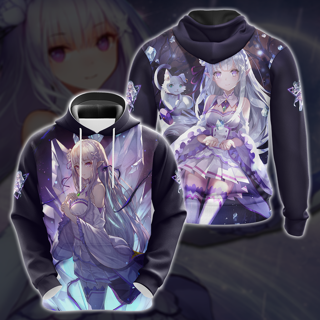 Emilia Re:Zero All Over Print T-shirt Tank Top Zip Hoodie Pullover Hoodie Hoodie