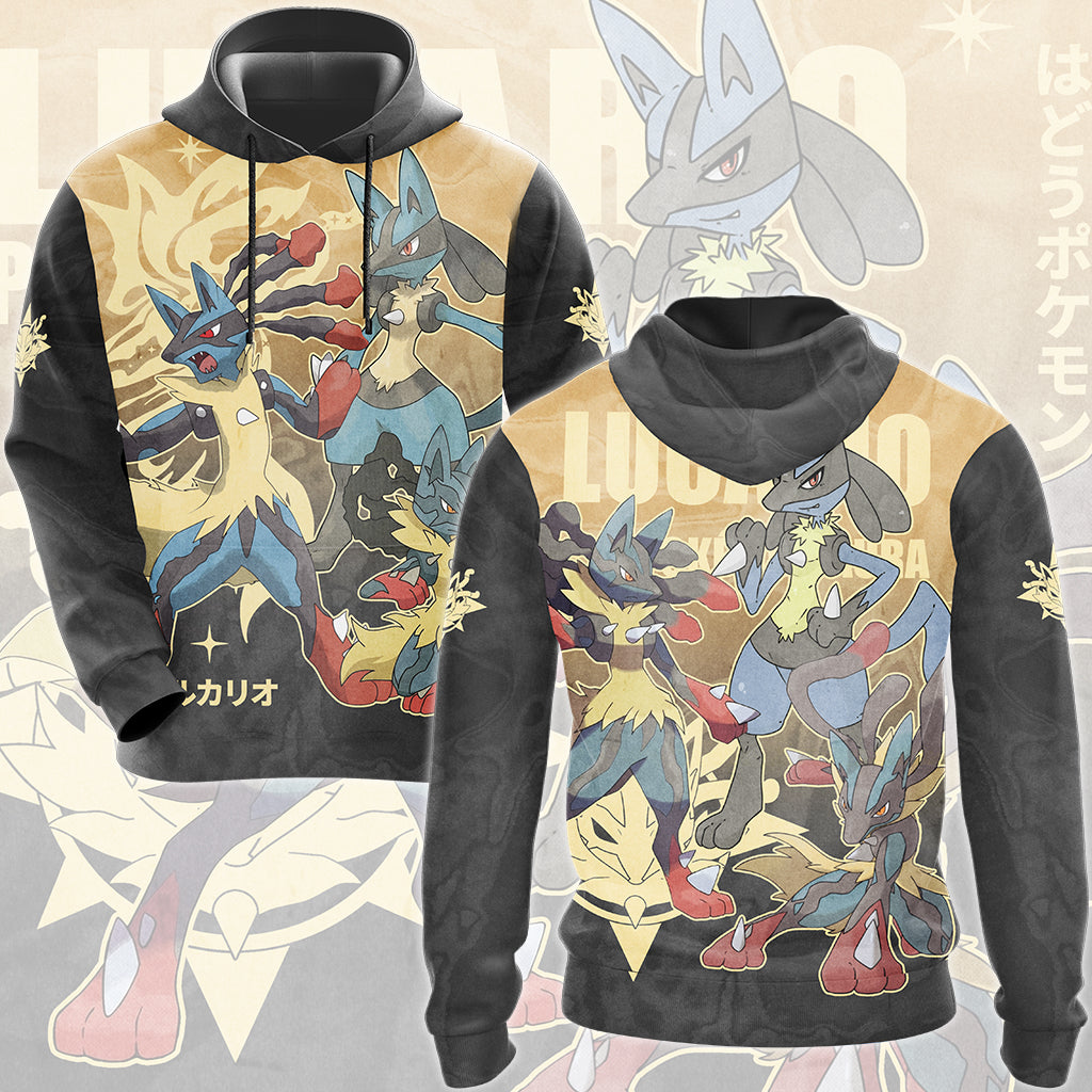 Pokemon Lucario Video Game All Over Printed T-shirt Tank Top Zip Hoodie Pullover Hoodie Hawaiian Shirt Beach Shorts Joggers) Hoodie