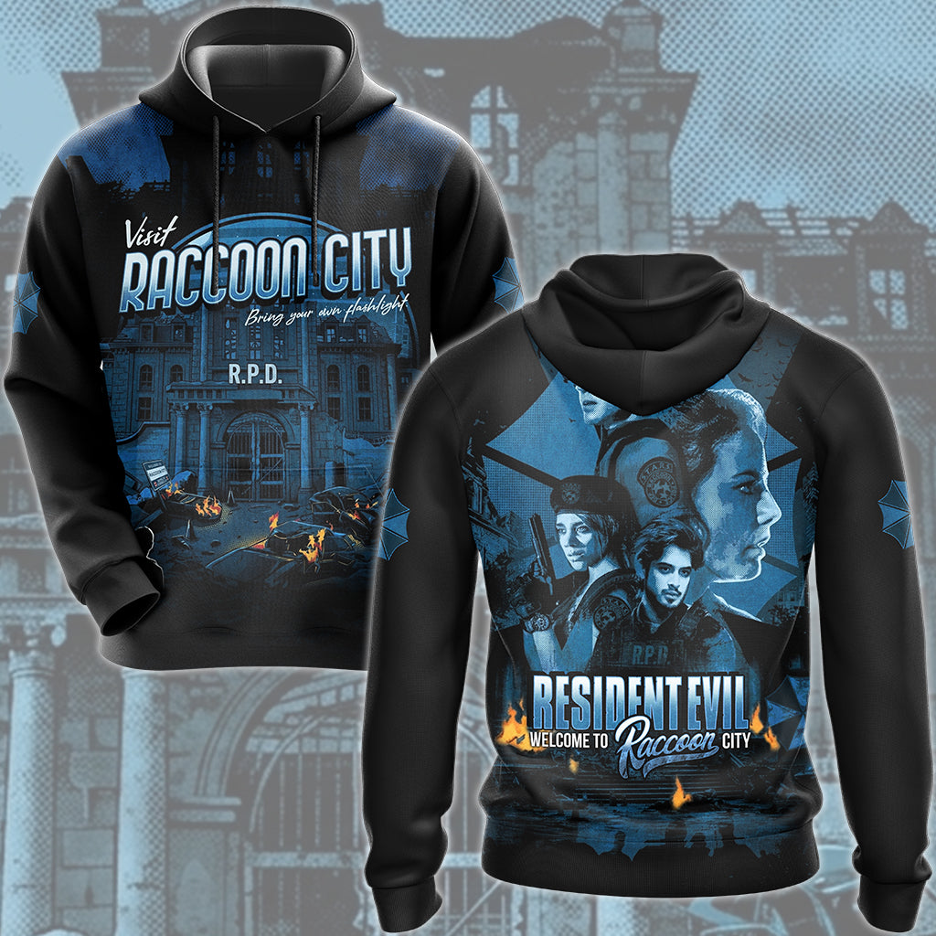 Resident Evil 'Visit Raccoon City' Video Game MAll Over Printed T-shirt Tank Top Zip Hoodie Pullover Hoodie Hawaiian Shirt Beach Shorts Joggers Hoodie