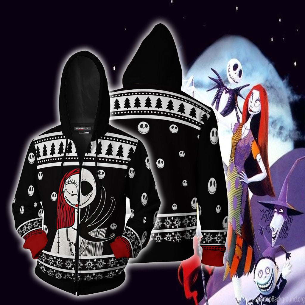 The Nightmare Before Christmas Jack & Sally Ugly Christmas Zip Up Hoodie 5XL