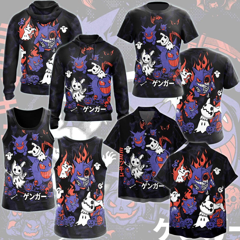 Pokemon Gengar & Mimikyu Halloween Style Video Game All Over Printed T-shirt Tank Top Zip Hoodie Pullover Hoodie Hawaiian Shirt Beach Shorts Joggers