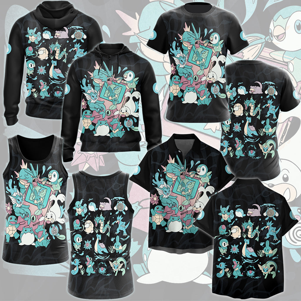 Pokemon Water Type Club Video Game All Over Printed T-shirt Tank Top Zip Hoodie Pullover Hoodie Hawaiian Shirt Beach Shorts Joggers