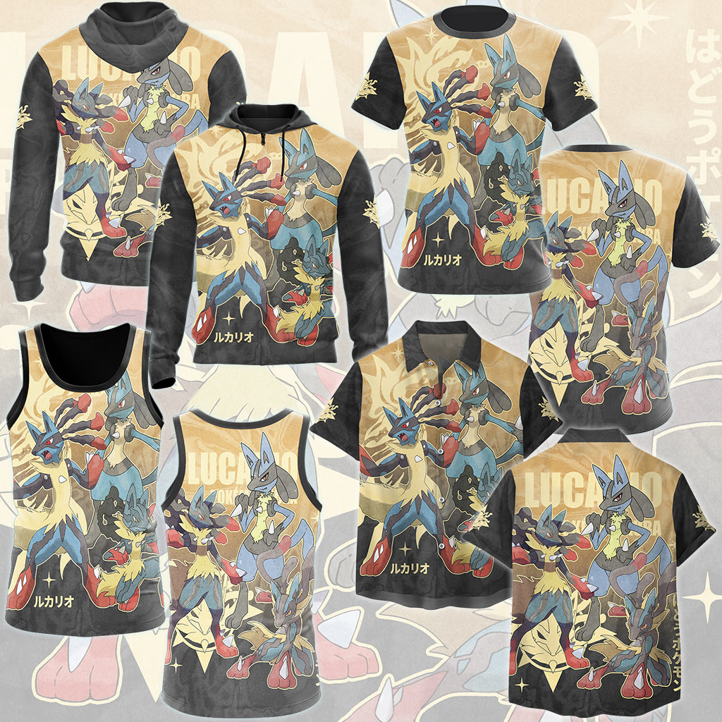 Pokemon Lucario Video Game All Over Printed T-shirt Tank Top Zip Hoodie Pullover Hoodie Hawaiian Shirt Beach Shorts Joggers)