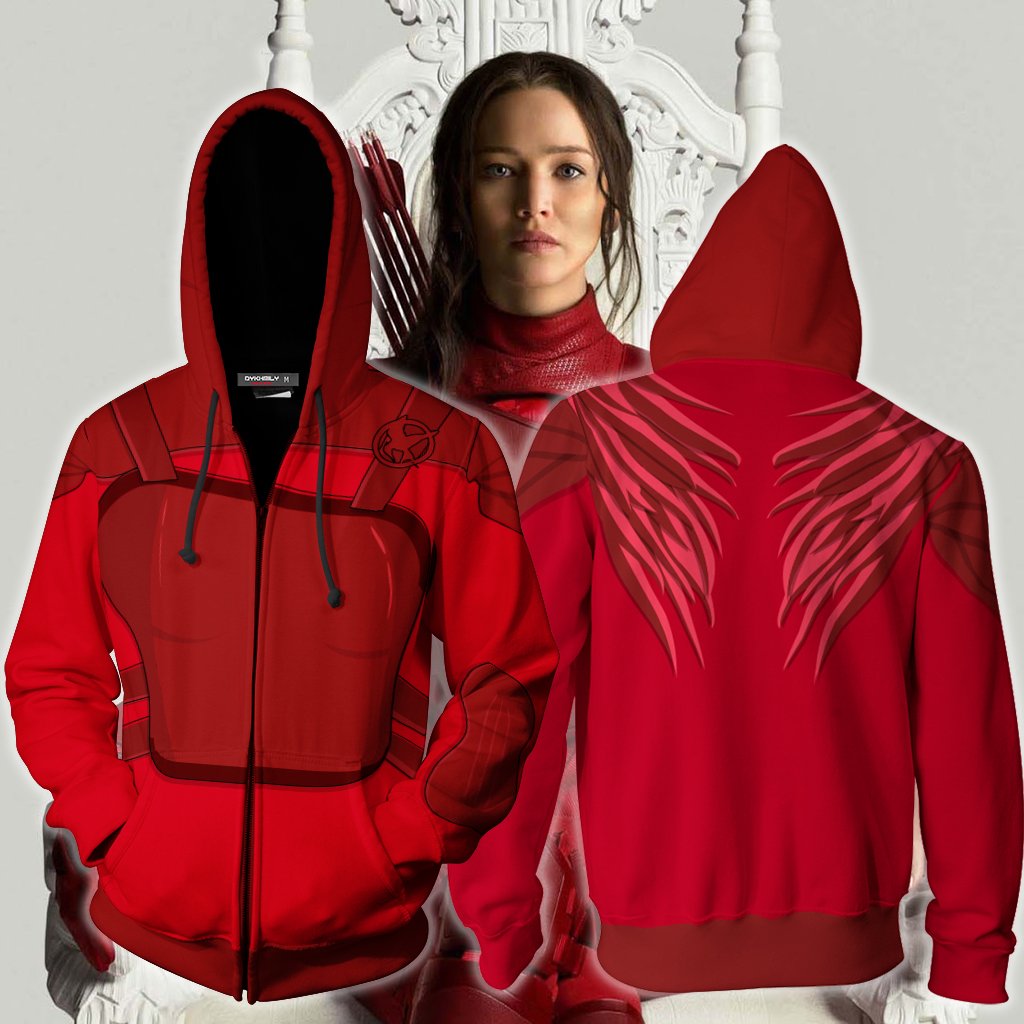 The Hunger Games: Mockingjay Katniss Everdeen (Red) Cosplay Zip Up Hoodie Jacket 5XL