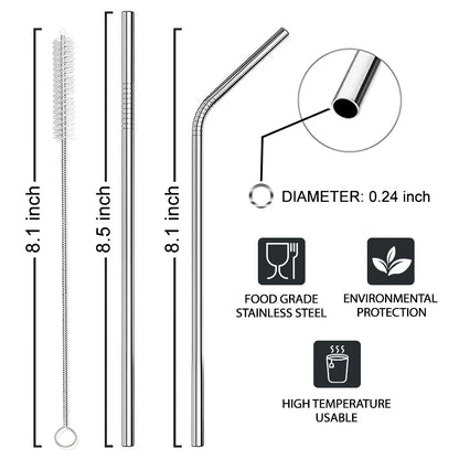 Combo 2 Straws and 1 Cleaner Brush - Reusable Drinking Straws - Straight and Curved Straws with Cleaner Brush Set - Stainless Steel Metal Straw For 20 Ounce Tumbler, 30 Ounce Tumbler, Mugs, Cups