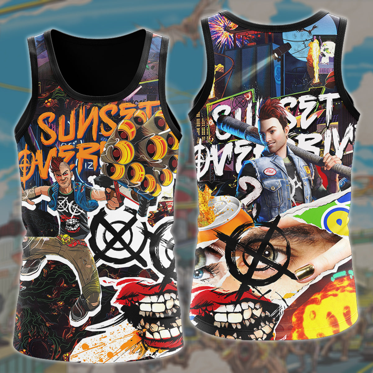 Sunset Overdrive Video Game All Over Printed T-shirt Tank Top Zip Hoodie Pullover Hoodie Hawaiian Shirt Beach Shorts Joggers Tank Top
