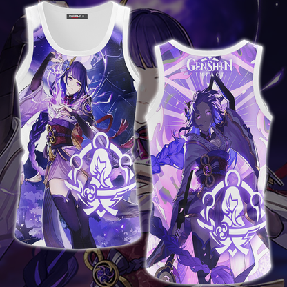 Genshin Impact Raiden Shogun Video Game All Over Printed T-shirt Tank Top Zip Hoodie Pullover Hoodie Hawaiian Shirt Beach Shorts Joggers Tank Top