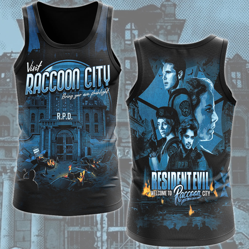 Resident Evil 'Visit Raccoon City' Video Game MAll Over Printed T-shirt Tank Top Zip Hoodie Pullover Hoodie Hawaiian Shirt Beach Shorts Joggers Tank Top