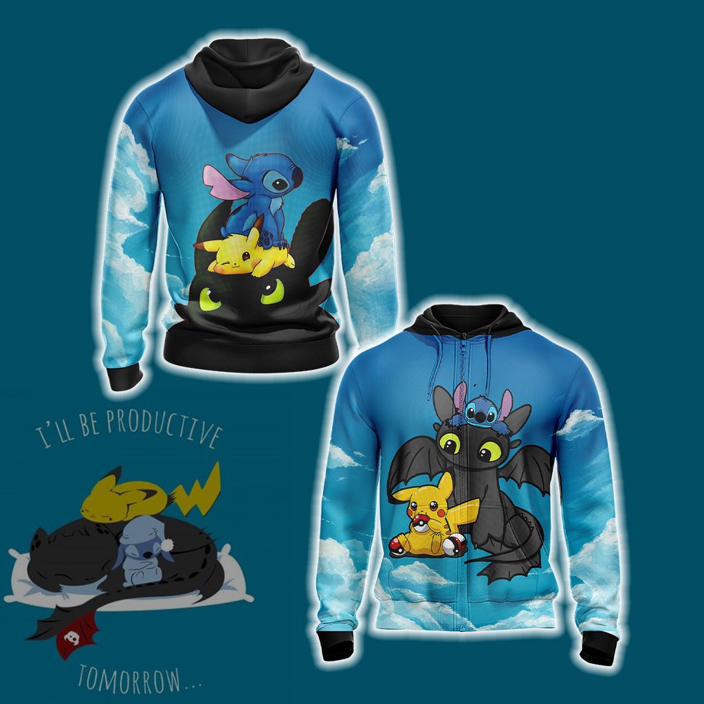 Stitch - Pokemon - How to train your dragon Unisex 3D T-shirt Zip Hoodie