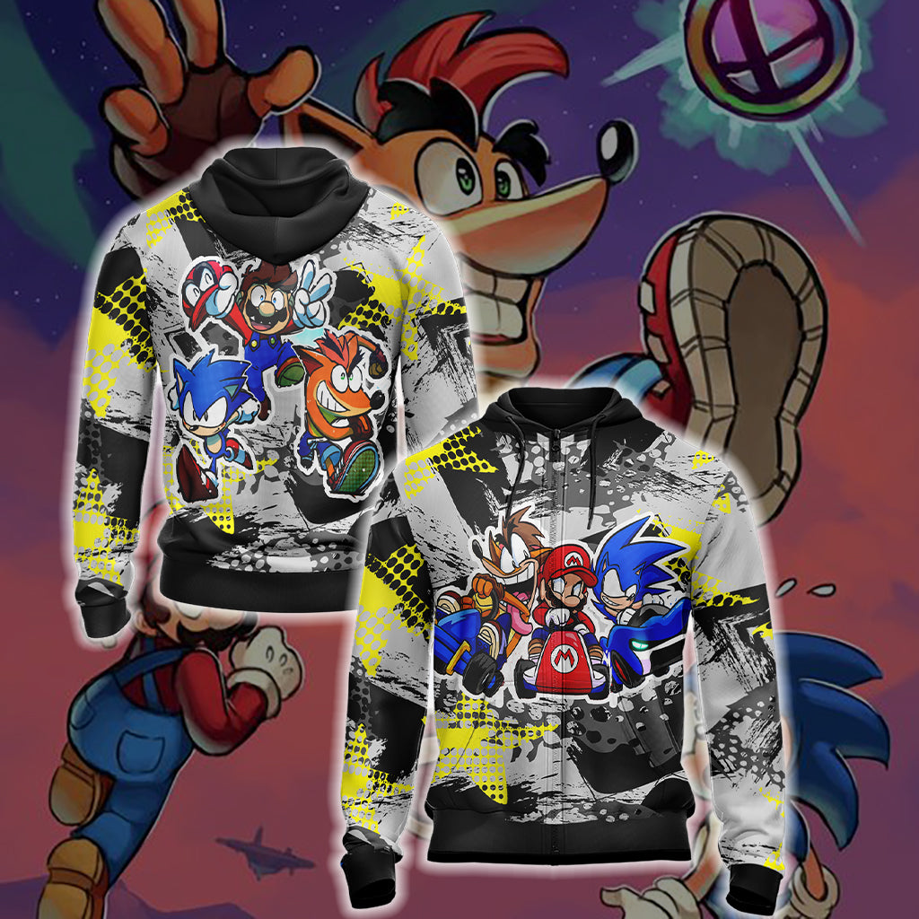 Crash Bandicoot x Mario x Sonic The Hedgehog Unisex 3D T-shirt Zip Hoodie
