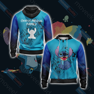 Stitch - Ohana Means Family Unisex 3D T-shirt Zip Hoodie XS 