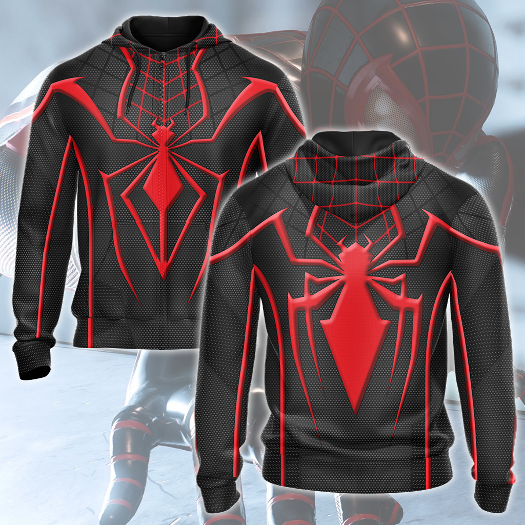 Spider-Man 2 Miles Morales T.R.A.C.K Black Suit Cosplay Video Game All Over Printed T-shirt Tank Top Zip Hoodie Pullover Hoodie Hawaiian Shirt Beach Shorts Joggers Zip Hoodie S 