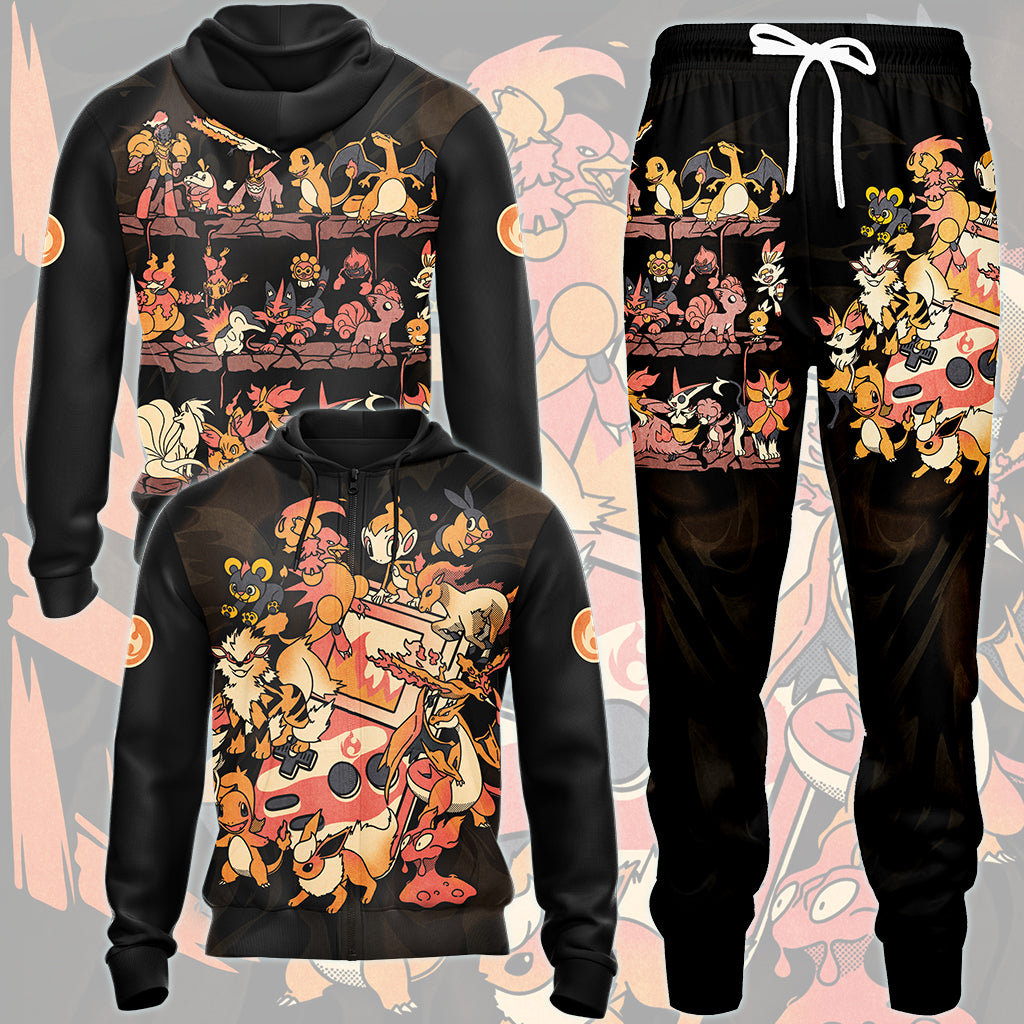 Pokemon Fire Type Club Video Game All Over Printed T-shirt Tank Top Zip Hoodie Pullover Hoodie Hawaiian Shirt Beach Shorts Joggers