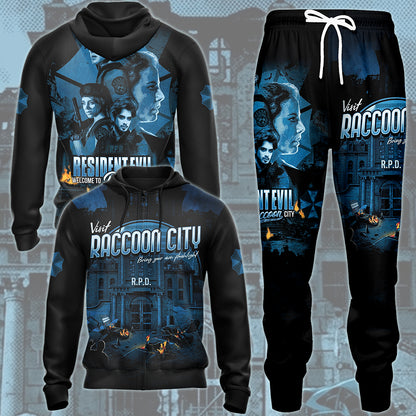 Resident Evil 'Visit Raccoon City' Video Game MAll Over Printed T-shirt Tank Top Zip Hoodie Pullover Hoodie Hawaiian Shirt Beach Shorts Joggers