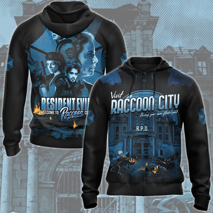 Resident Evil 'Visit Raccoon City' Video Game MAll Over Printed T-shirt Tank Top Zip Hoodie Pullover Hoodie Hawaiian Shirt Beach Shorts Joggers Zip Hoodie