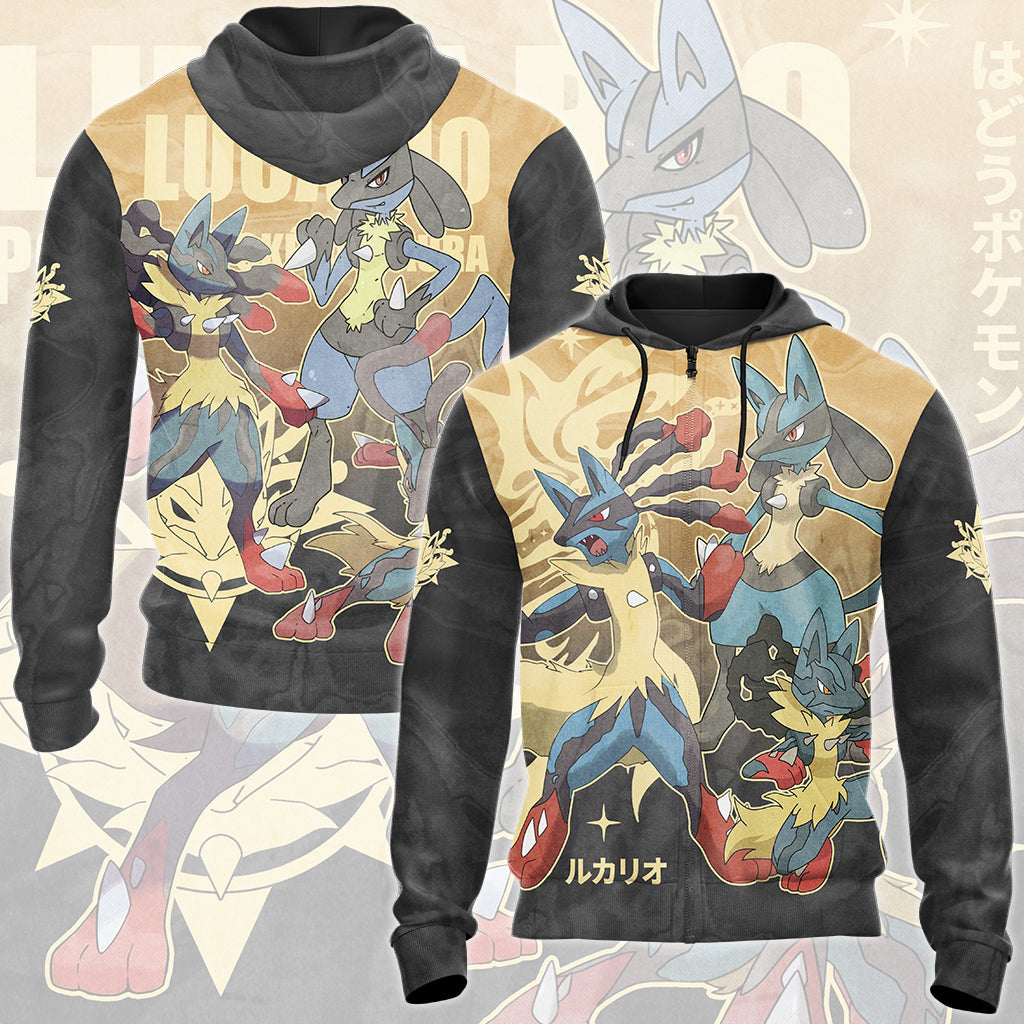 Pokemon Lucario Video Game All Over Printed T-shirt Tank Top Zip Hoodie Pullover Hoodie Hawaiian Shirt Beach Shorts Joggers) Zip Hoodie