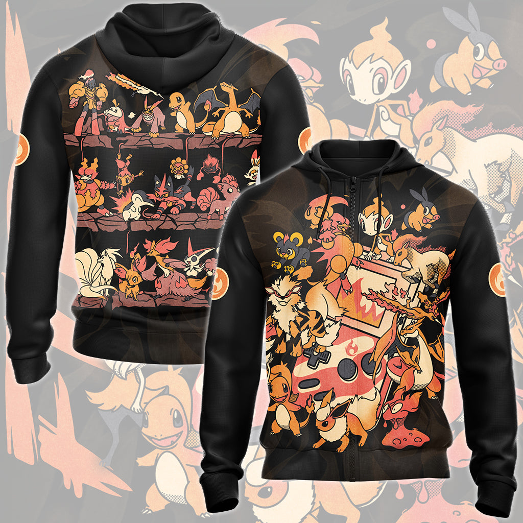 Pokemon Fire Type Club Video Game All Over Printed T-shirt Tank Top Zip Hoodie Pullover Hoodie Hawaiian Shirt Beach Shorts Joggers