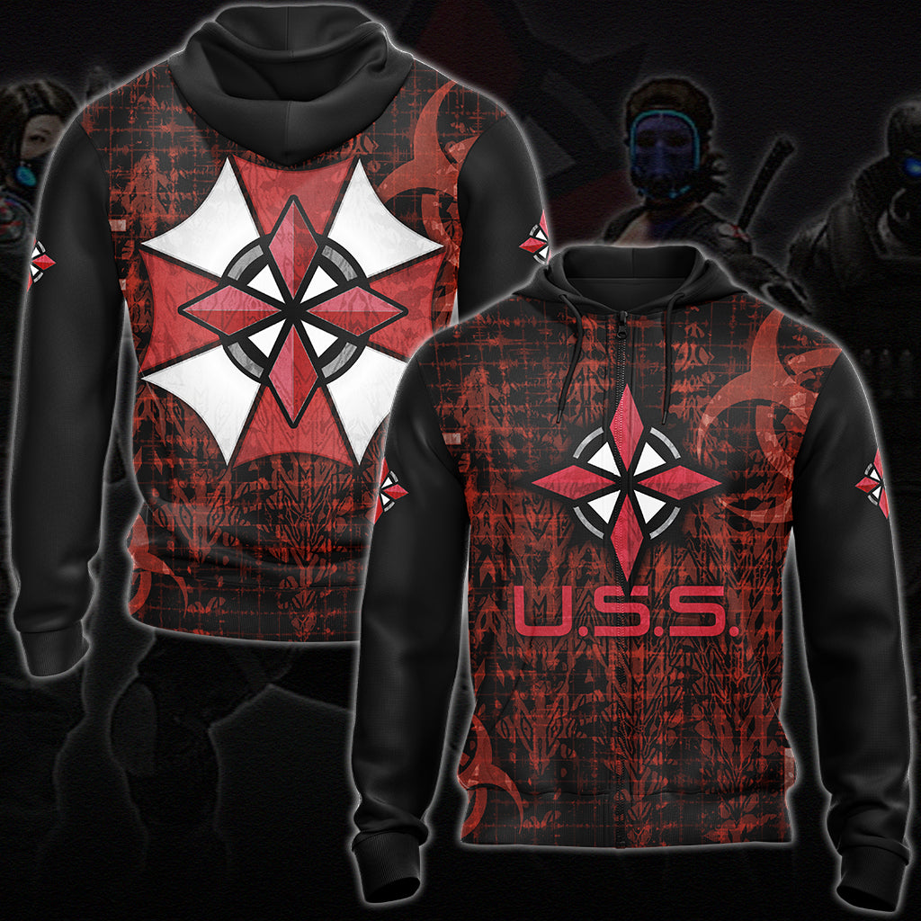 Resident Evil Umbrella Security Service (U.S.S.) Video Game All Over Printed T-shirt Tank Top Zip Hoodie Pullover Hoodie Hawaiian Shirt Beach Shorts Joggers