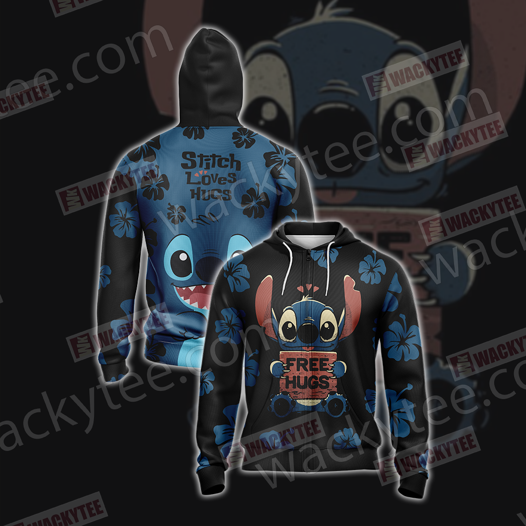 Stitch Loves Hugs Free Hugs Unisex 3D T-shirt Zip Hoodie