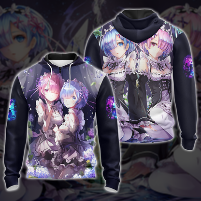 Rem & Ram Re:Zero All Over Print T-shirt Tank Top Zip Hoodie Pullover Hoodie Zip Hoodie