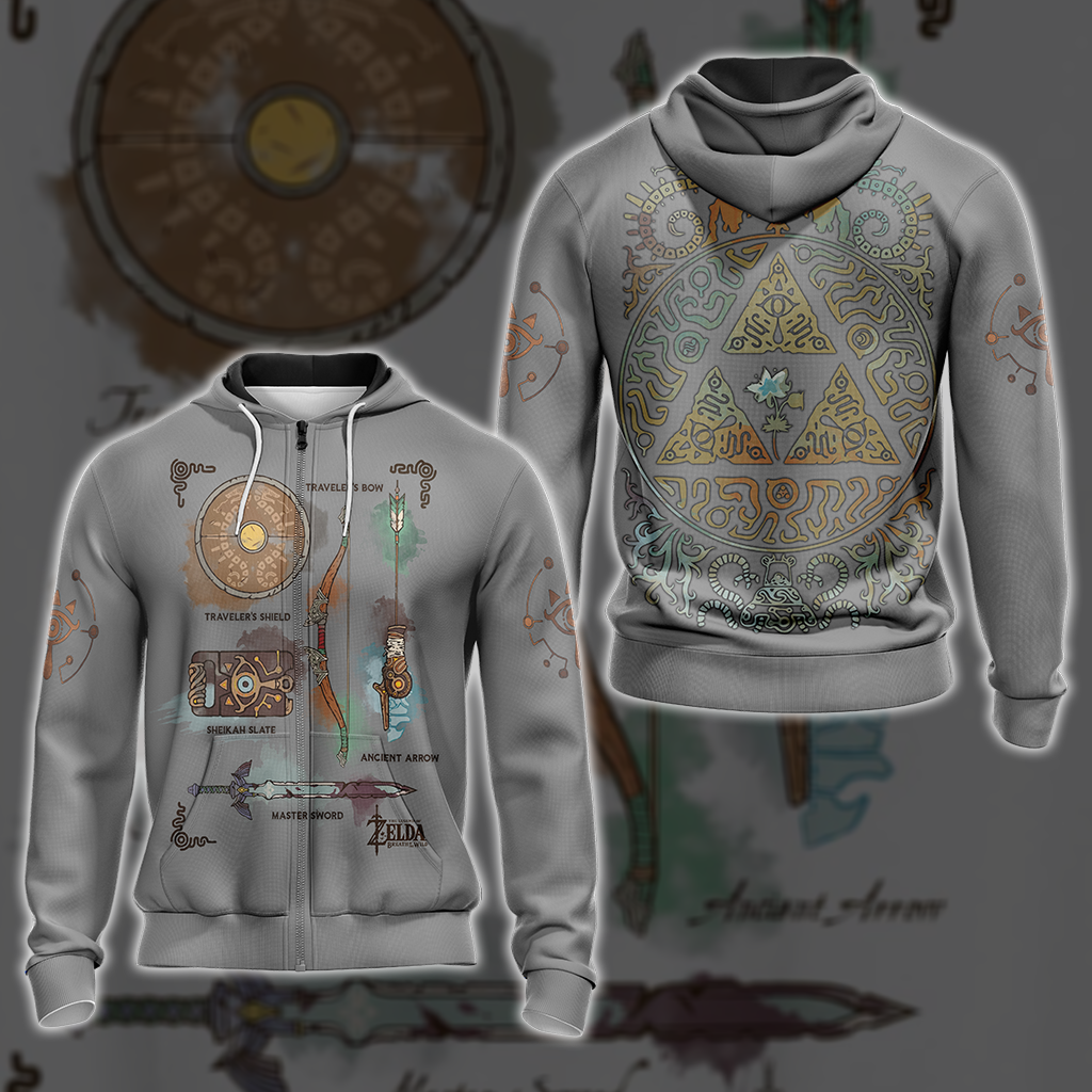 The Legend of Zelda Breath of The Wild Link Inventory Graphic All Over Print T-shirt Zip Hoodie Pullover Hoodie Grey Zip Hoodie