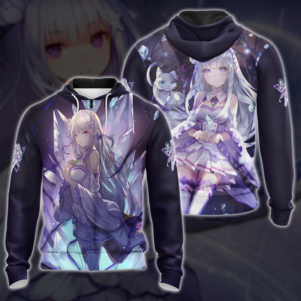Emilia Re:Zero All Over Print T-shirt Tank Top Zip Hoodie Pullover Hoodie Zip Hoodie