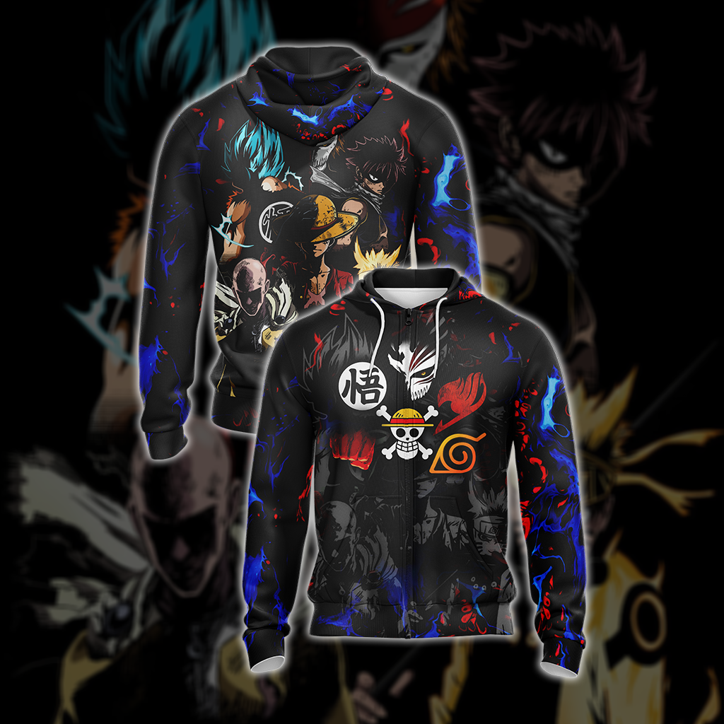 Heroes Mashup Saitama - Luffy - Goku - Naruto - Natsu Unisex 3D T-shirt Zip Hoodie