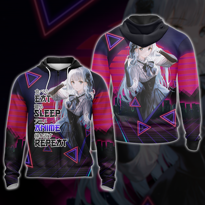 Eat Sleep Anime Repeat Anime Girl All Over Print T-shirt Tank Top Zip Hoodie Pullover Hoodie Zip Hoodie