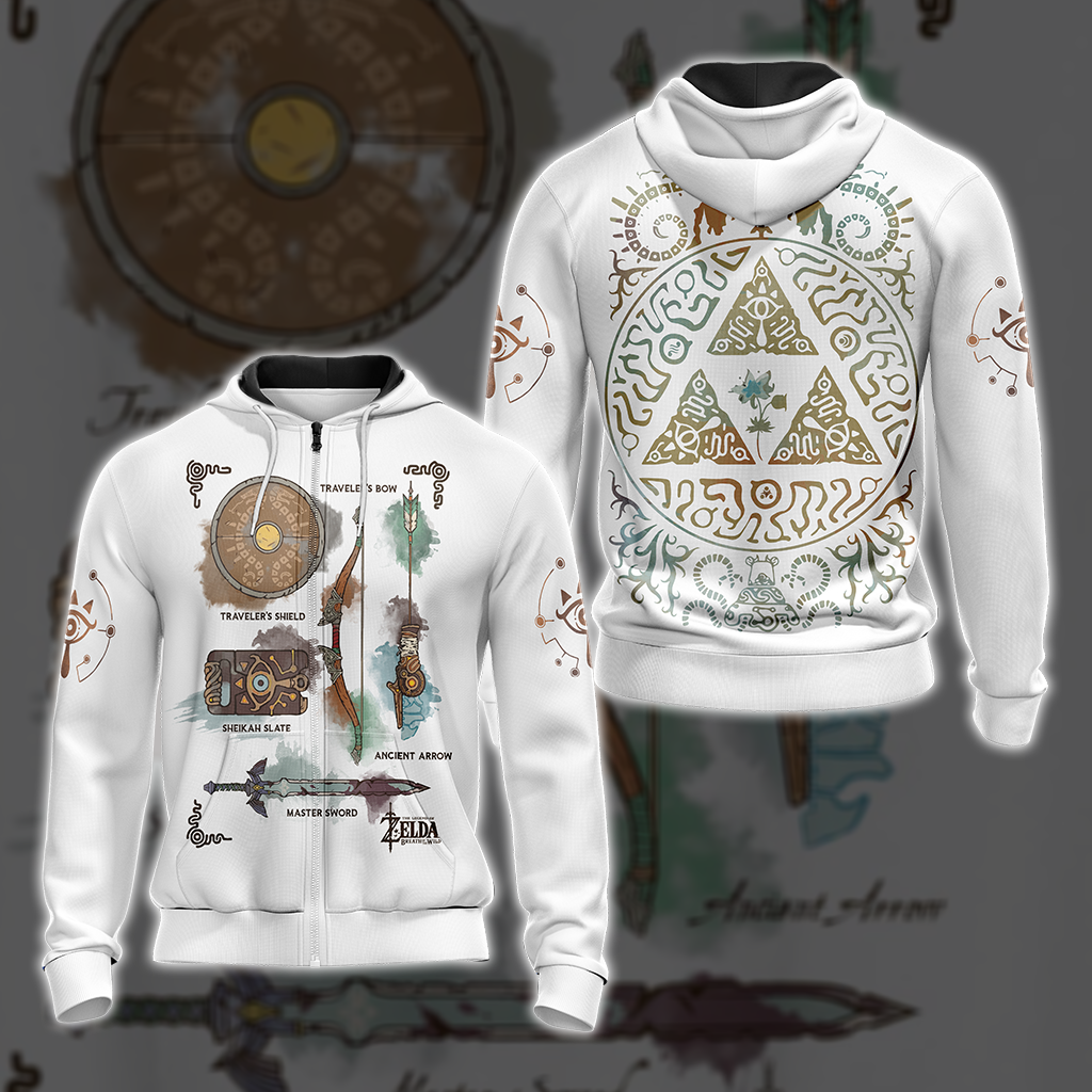 The Legend of Zelda Breath of The Wild Link Inventory Graphic All Over Print T-shirt Zip Hoodie Pullover Hoodie White Zip Hoodie