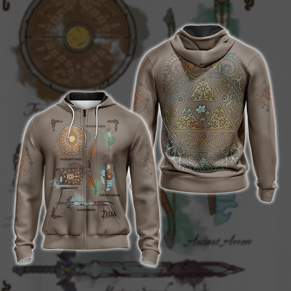 The Legend of Zelda Breath of The Wild Link Inventory Graphic All Over Print T-shirt Zip Hoodie Pullover Hoodie Brown Zip Hoodie