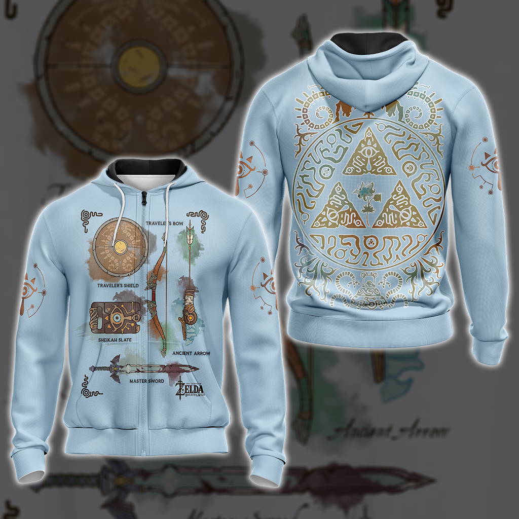 The Legend of Zelda Breath of The Wild Link Inventory Graphic All Over Print T-shirt Zip Hoodie Pullover Hoodie Blue Zip Hoodie