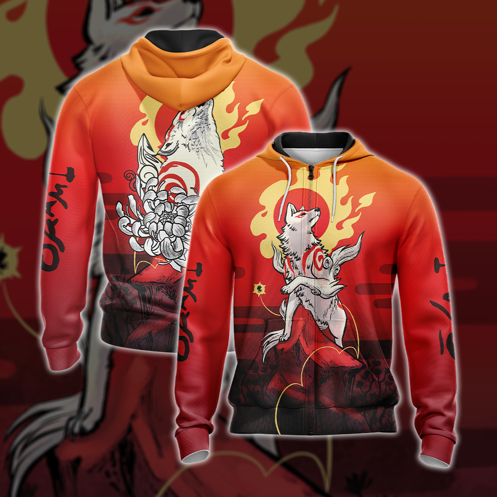 Okami Fox Fire Unisex 3D T-shirt Zip Hoodie