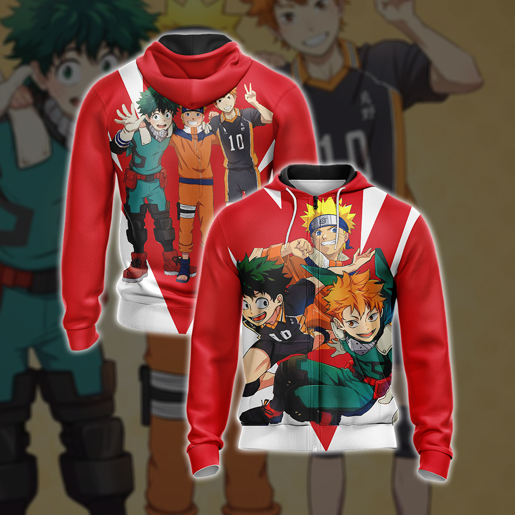 My hero academia x Naruto x Haikyuu Unisex 3D T-shirt Zip Hoodie