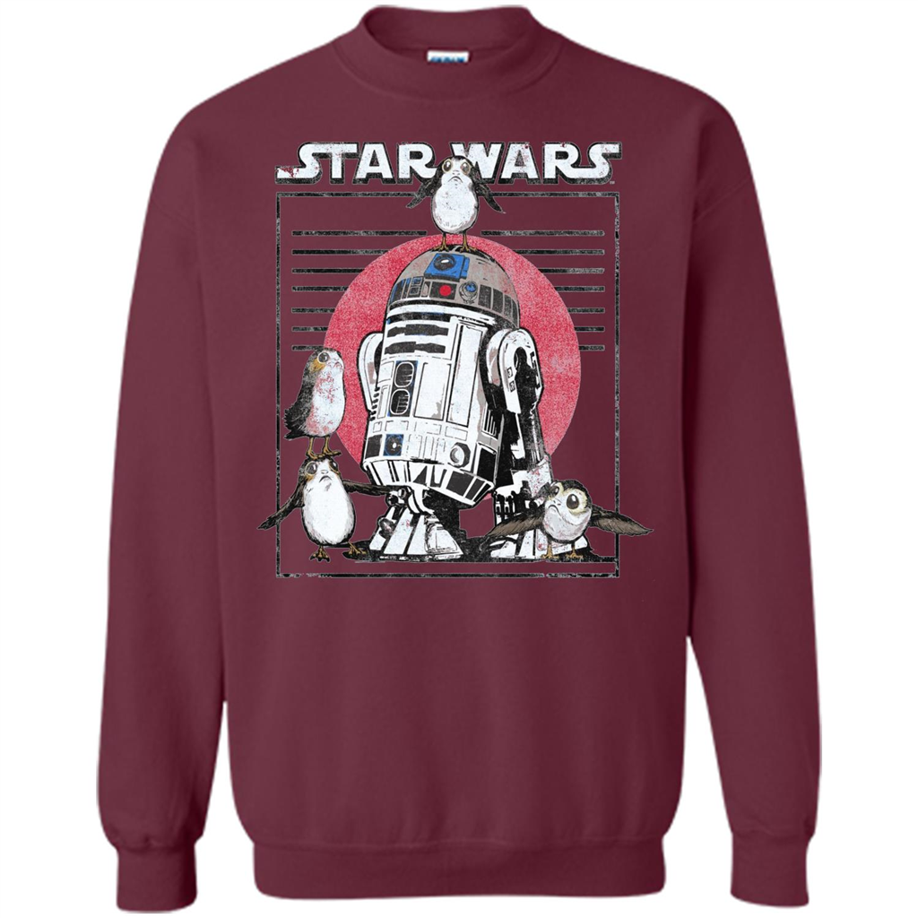 Movie T-shirt Last Jedi Flock Of Porgs Surround R2-D2 T-shirt Maroon