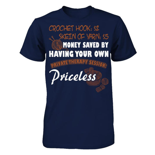 Crochet Hook. Skein Of Yarn. Money Saved By Having Your Own T-shirt Gildan - Short Sleeve Tee Navy