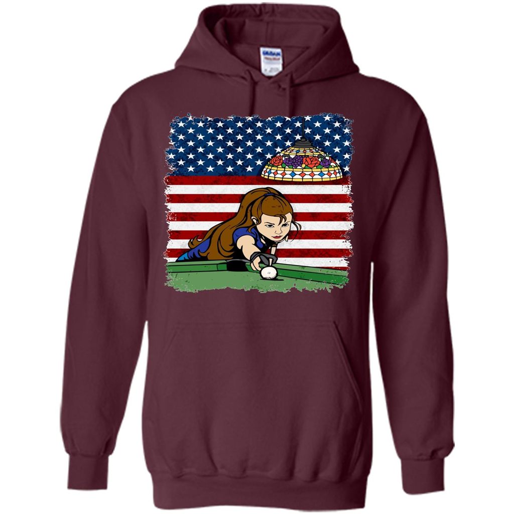 Female Pool Player on American Flag Patriotic T-shirt Maroon