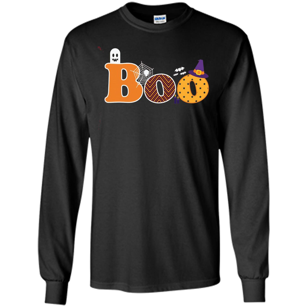 Boo Halloween T-Shirt With Ghost, Spider, Bat and Witch Hat Black