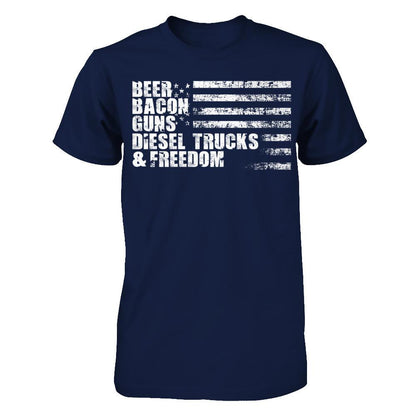 Beer, Bacon, Guns, Diesel Trucks & Freedom T-shirt Gildan - Short Sleeve Tee Navy