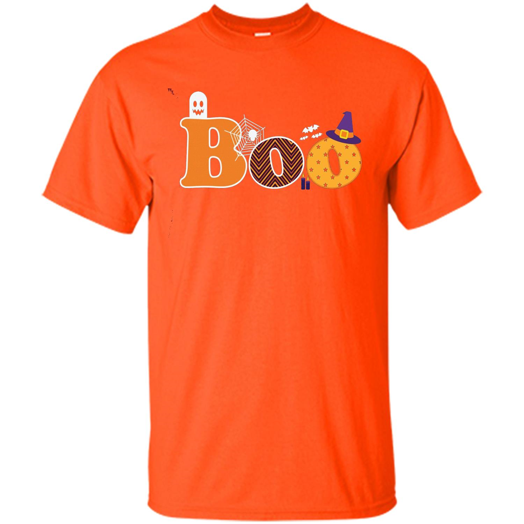 Boo Halloween T-Shirt With Ghost, Spider, Bat and Witch Hat Orange