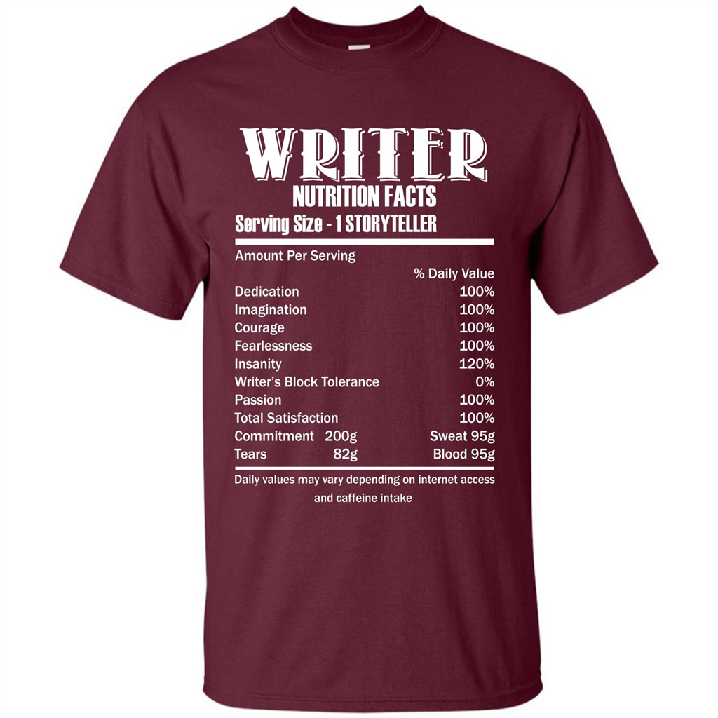 Writer Nutrition Facts Serving Size T-shirt Maroon