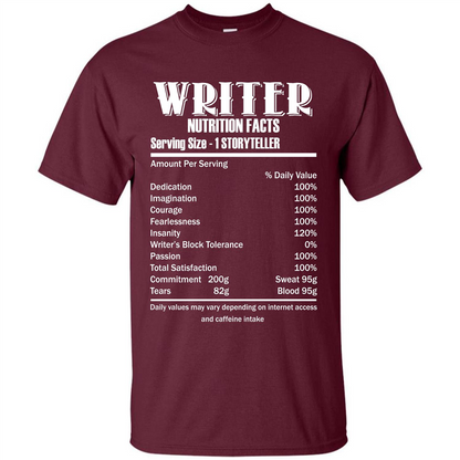 Writer Nutrition Facts Serving Size T-shirt Maroon