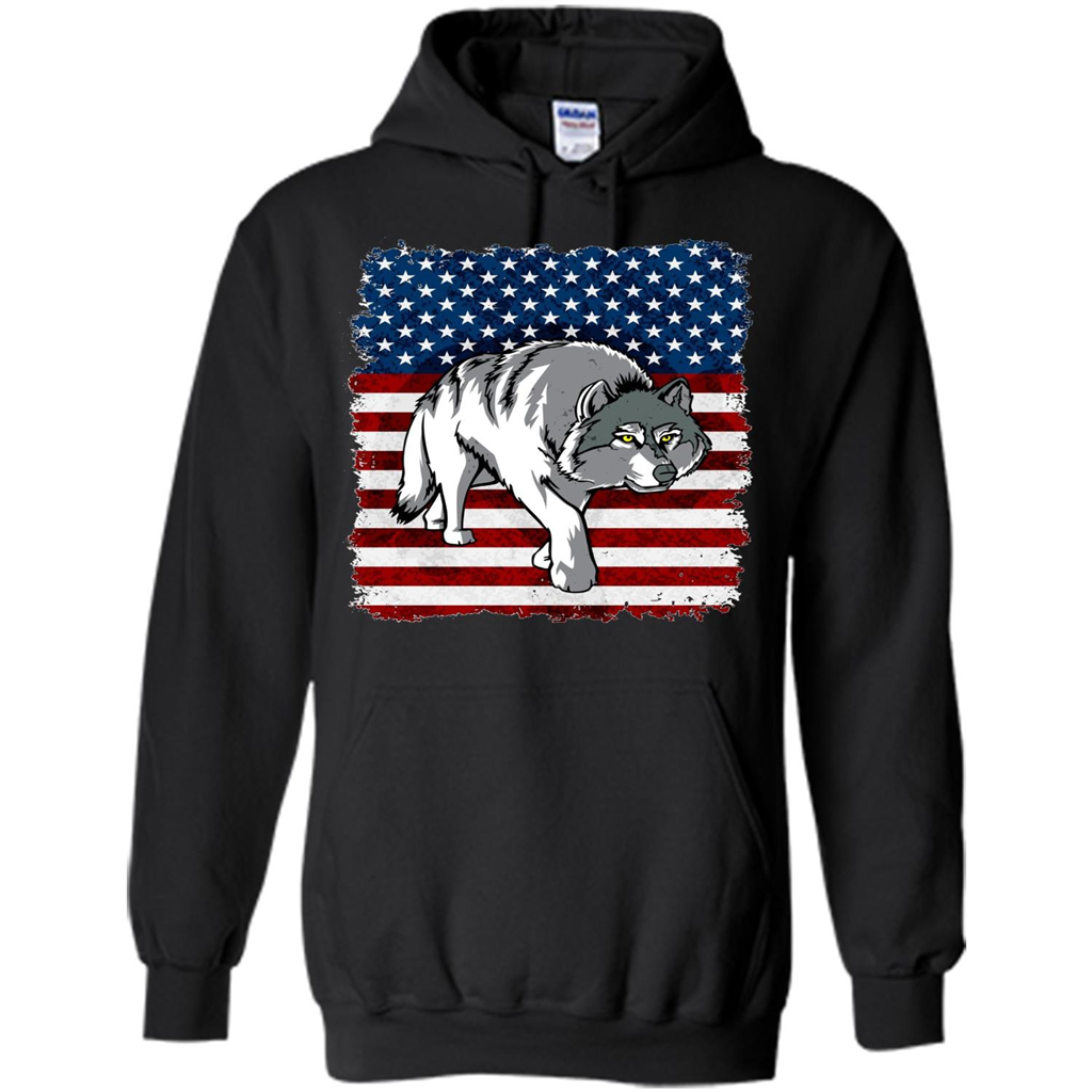 Independence Day T-shirt Grey Wolf On American Flag Patriotic Black