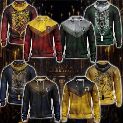 Harry Potter Hogwarts House Gryffindor Slytherin Ravenclaw Hufflepuff Unisex 3D Zip Hoodie