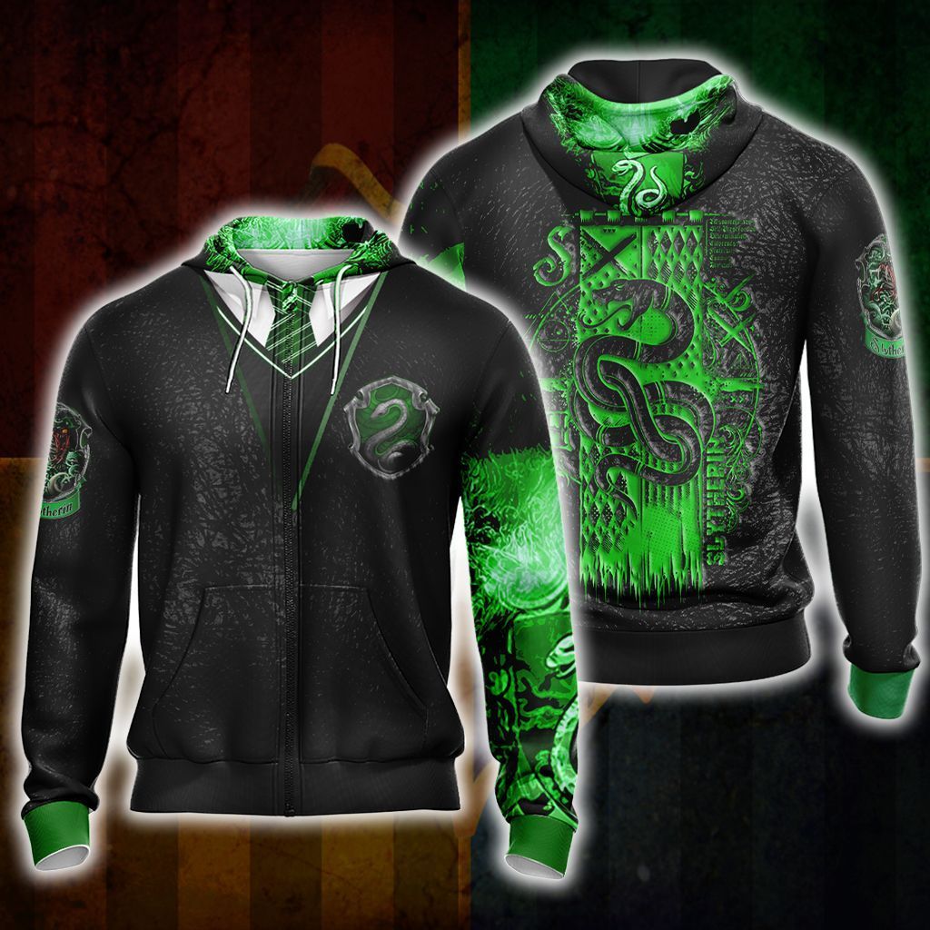 Harry Potter Hogwarts House Slytherin Unisex 3D Zip Hoodie