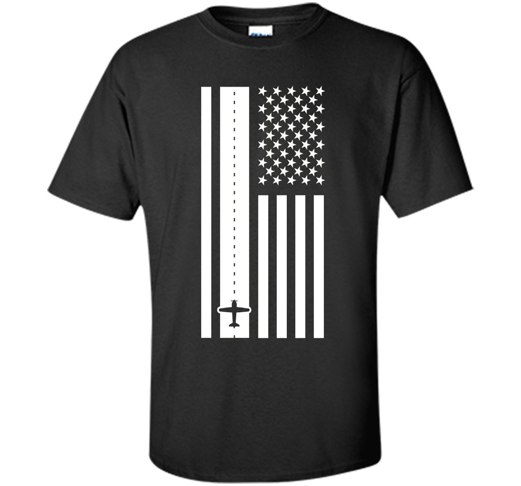 Patriotic American Flag Runway Pilot T-shirt Black