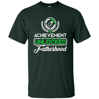 First Father's Day T-shirt Achievement Unlocked Fatherhood Forest Green