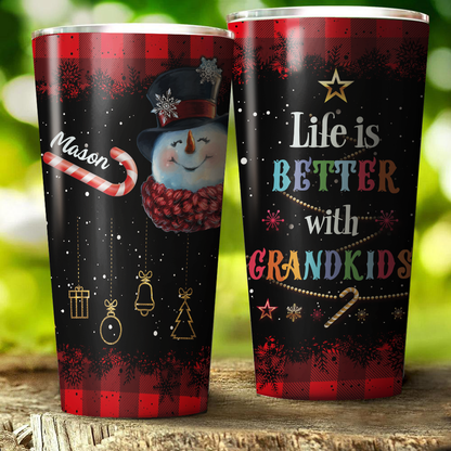 Personalized Life Is Better With Grandkids Winter Christmas Snowman Tumbler For Grandma