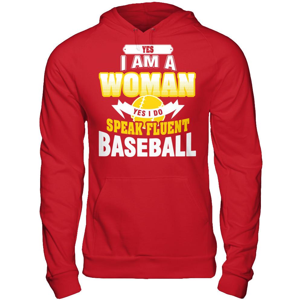 Yes I Am A Woman Yes I Do Speak Fluent Baseball Gildan - Pullover Hoodie Red